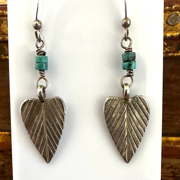 Sterling Silver Leaf & Turquoise Dangle Earrings - Picture 1 of 9